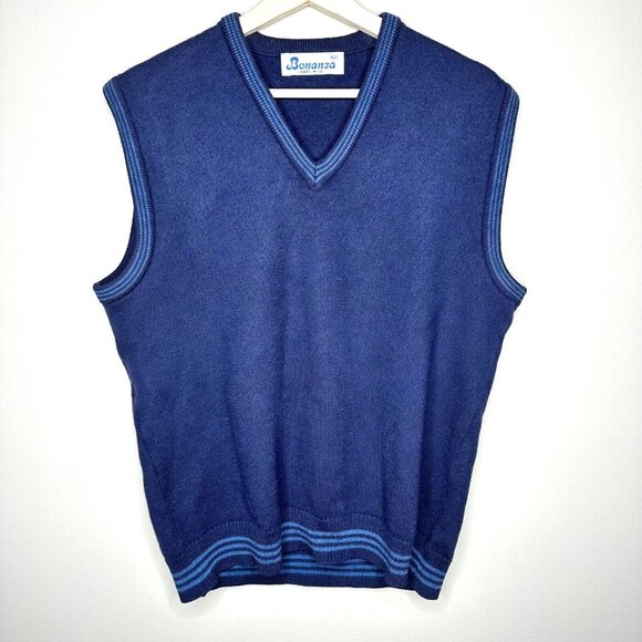 Bonanza Mens Lambs Wool Sweater Vest Vtg 80s Dad V Neck Ribbed Hem Blue Size 42 - Picture 1 of 6
